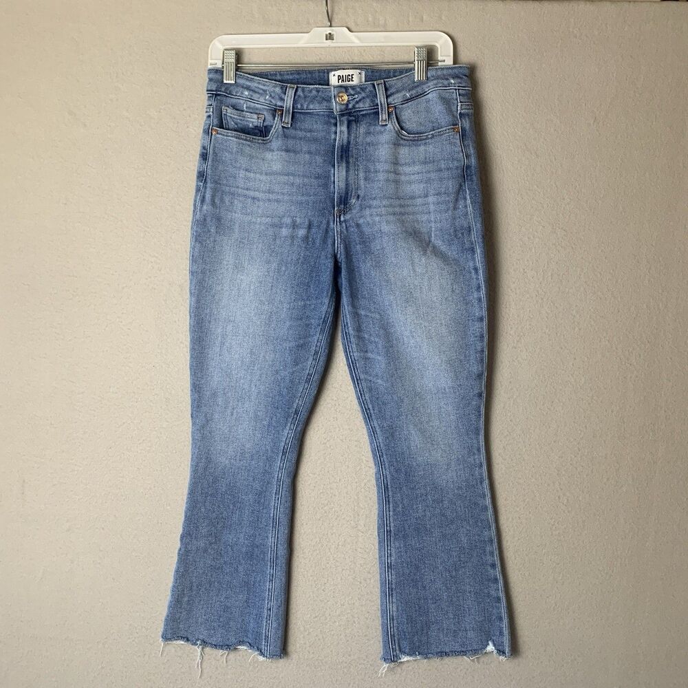 Paige Colette Crop Flare Jeans Women Size 30 Blue Raw Hem Hippie Y2K Minimalist
